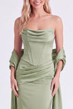 Vestido largo largo de dama de honor sin tirantes Sirena Salvia con encaje en la espalda