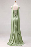 Vestido largo largo de dama de honor sin tirantes Sirena Salvia con encaje en la espalda
