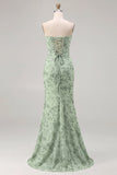 Vestido largo largo de dama de honor sin tirantes Sirena Salvia con encaje en la espalda