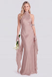 Vestido largo largo de sirena de satén rosa con escote halter