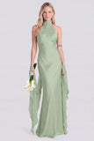 Vestido largo largo de sirena de satén rosa con escote halter