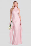 Vestido largo largo de sirena de satén rosa con escote halter