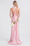 Vestido largo largo de sirena de satén rosa con escote halter