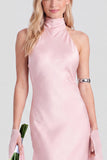 Vestido largo largo de sirena de satén rosa con escote halter