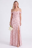 Vestido largo de dama de honor rosa, floral de hombros fríos, encaje en línea en A con aguje en la espalda y abertura