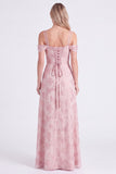 Vestido largo de dama de honor rosa, floral de hombros fríos, encaje en línea en A con aguje en la espalda y abertura