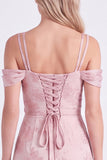 Vestido largo de dama de honor rosa, floral de hombros fríos, encaje en línea en A con aguje en la espalda y abertura