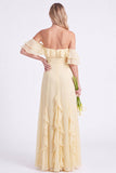 Vestido largo de Dama de Honor con volantes y narcisos de gasa descubierto
