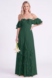 Vestido largo de Dama de Honor con volantes y narcisos de gasa descubierto