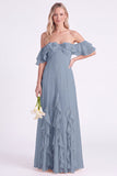Vestido largo de Dama de Honor con volantes y narcisos de gasa descubierto