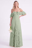 Vestido largo de Dama de Honor con volantes y narcisos de gasa descubierto