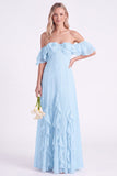 Vestido largo de Dama de Honor con volantes y narcisos de gasa descubierto