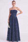 Vestido largo largo de dama de honor floral A-Line Espresso sin tirantes con volantes