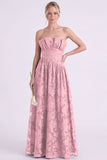 Vestido largo largo de dama de honor floral A-Line Espresso sin tirantes con volantes