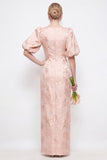 Vestido largo de dama de honor con cuello redondo rosa bodycon mangas abultadas florales y abertura