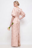 Vestido largo de dama de honor con cuello redondo rosa bodycon mangas abultadas florales y abertura