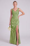 Corsé floral verde sirena, escote en V, vestido largo de dama de honor con abertura