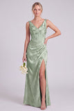 Corsé floral verde sirena, escote en V, vestido largo de dama de honor con abertura