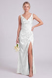 Corsé floral verde sirena, escote en V, vestido largo de dama de honor con abertura