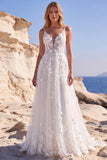 Corsé floral aplicada de tul blanco Vestido largo de novia