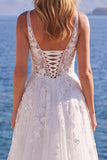 Corsé floral aplicada de tul blanco Vestido largo de novia