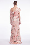 Vestido largo largo de sirena fruncido de un hombro de satén rosa con flores rosas