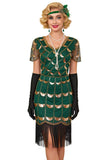 Vestido verde dorado de escote en V de mangas cortas transparentes de lentejuelas bodycon flecos de los años 20