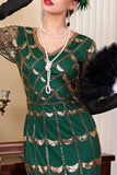 Vestido verde dorado de escote en V de mangas cortas transparentes de lentejuelas bodycon flecos de los años 20