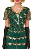 Vestido verde dorado de escote en V de mangas cortas transparentes de lentejuelas bodycon flecos de los años 20