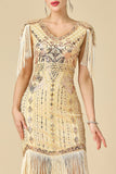 Bodycon brillante con escote en V con lentejuelas mangas de hombro con flecos Vestido de los años 20