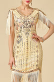 Bodycon brillante con escote en V con lentejuelas mangas de hombro con flecos Vestido de los años 20