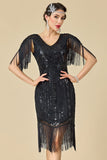 Bodycon brillante con escote en V con lentejuelas mangas de hombro con flecos Vestido de los años 20