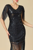 Bodycon brillante con escote en V con lentejuelas mangas de hombro con flecos Vestido de los años 20