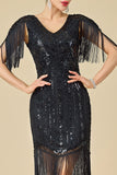 Bodycon brillante con escote en V con lentejuelas mangas de hombro con flecos Vestido de los años 20
