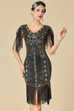 Bodycon brillante con escote en V con lentejuelas mangas de hombro con flecos Vestido de los años 20