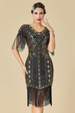 Bodycon brillante con escote en V con lentejuelas mangas de hombro con flecos Vestido de los años 20