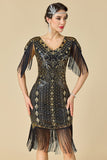Bodycon brillante con escote en V con lentejuelas mangas de hombro con flecos Vestido de los años 20
