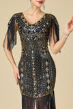 Bodycon brillante con escote en V con lentejuelas mangas de hombro con flecos Vestido de los años 20