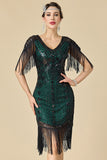 Bodycon brillante con escote en V con lentejuelas mangas de hombro con flecos Vestido de los años 20