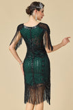 Bodycon brillante con escote en V con lentejuelas mangas de hombro con flecos Vestido de los años 20