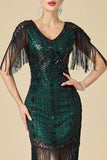 Bodycon brillante con escote en V con lentejuelas mangas de hombro con flecos Vestido de los años 20
