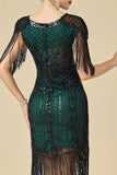 Bodycon brillante con escote en V con lentejuelas mangas de hombro con flecos Vestido de los años 20