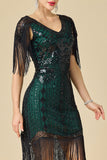 Bodycon brillante con escote en V con lentejuelas mangas de hombro con flecos Vestido de los años 20