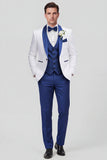 Trajes de boda de hombre de solapa azul de un solo botón con chal de tres piezas