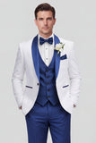 Trajes de boda de hombre de solapa azul de un solo botón con chal de tres piezas