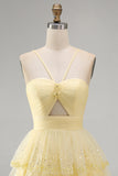 Vestido corto de bienvenida corto de bienvenida de perlas con volantes amarillos brillantes con recorte en A