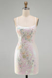 Vestido corto corto floral de bienvenida con lentejuelas rosa rosa brillante y con cuentas