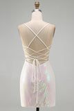 Vestido corto corto floral de bienvenida con lentejuelas rosa rosa brillante y con cuentas