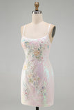 Vestido corto corto floral de bienvenida con lentejuelas rosa rosa brillante y con cuentas
