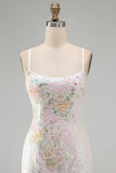 Vestido corto corto floral de bienvenida con lentejuelas rosa rosa brillante y con cuentas